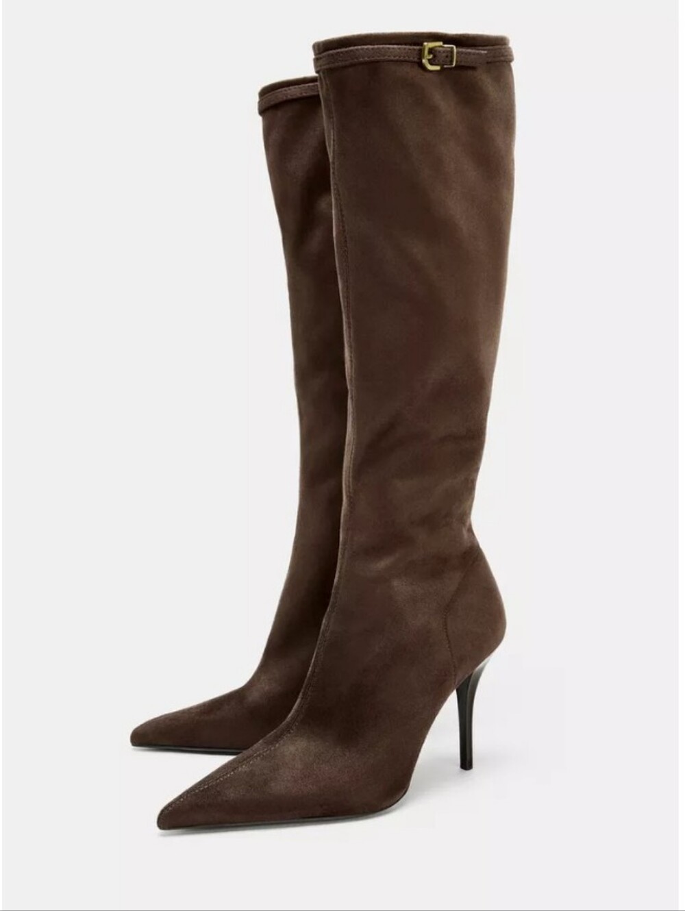 Zara Dark Brown Knee-High Pointed Toe Heeled Boots